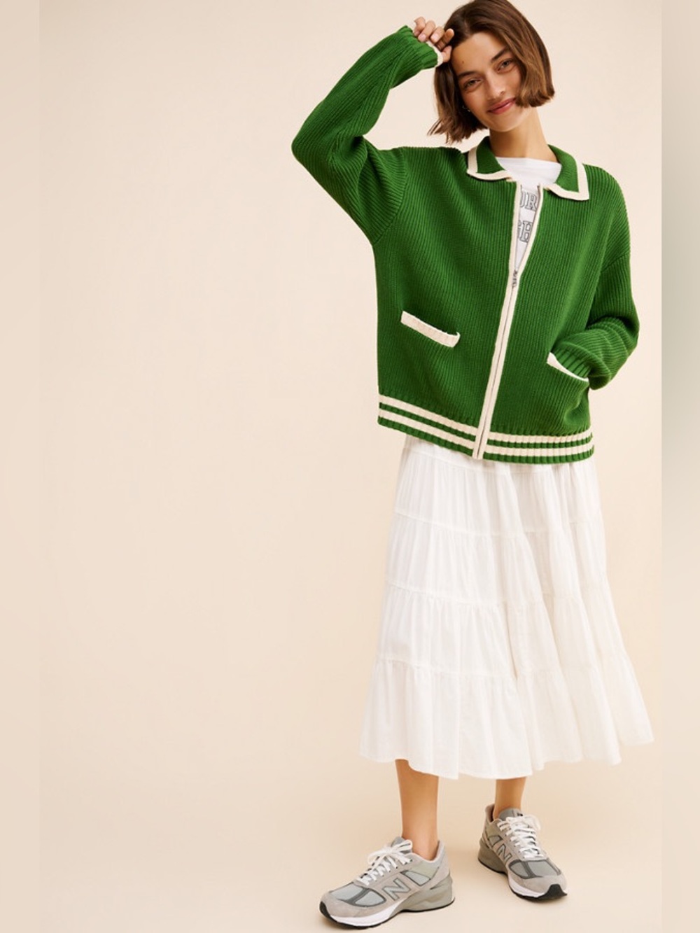 NWT Falling Forward Free People Green Cotton Knit Zip Up Sweater S